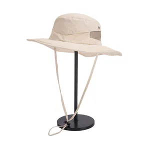 Unisex breathable beige wide brim sun hat with mesh panels and adjustable strap