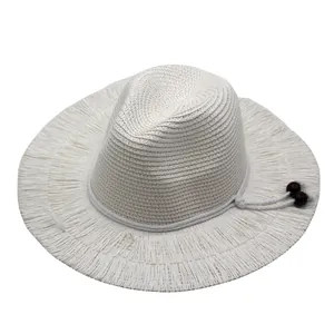 Summer white woven straw sun hat with frayed brim and decorative wooden beads