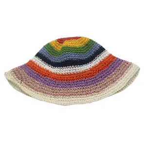 Close-up of the colorful striped woven straw texture on this wide-brim sun hat