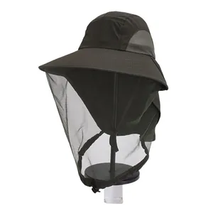 Outdoor sun protection hat with breathable mosquito net and neck flap in dark green