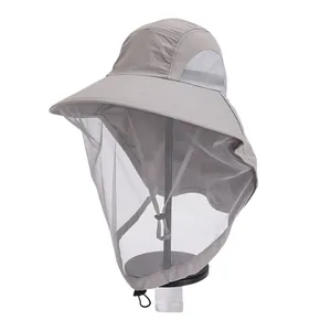 Outdoor sun hat with mosquito mesh face mask and adjustable drawstring in neutral grey