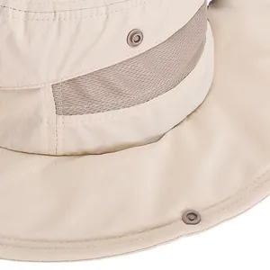 Quick-dry beige sun hat with wide brim, breathable mesh panel and side snaps for outdoor wear