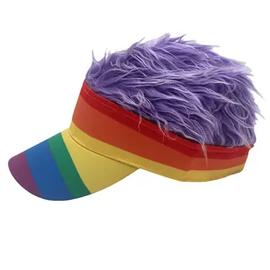 Detailed view of rainbow striped sun visor with thick purple faux hair wig top
