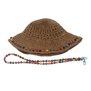 Chapeau de soleil en paille tissé à la main avec perles colorées et cordon pour la plage