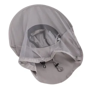 Detail of grey outdoor sun hat featuring breathable mesh face mask and adjustable neck flap
