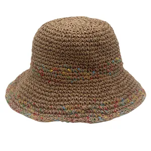 Dames Gehaakte Papierstro Hoed Vintage Brede Rand Zonbescherming Vissershoed Bohemian Veelkleurige Gebreide Strandvakantie Zonnehoed