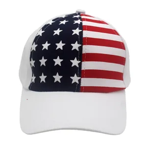Unisex baseball cap with American flag stars and stripes print on a white base