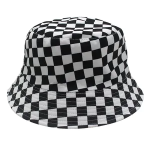Close-up of black and white checkerboard pattern on a durable canvas bucket hat