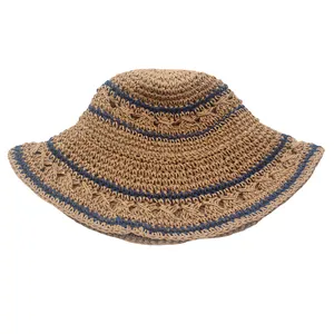 Foldable khaki straw sun hat with navy stripes and wide brim for summer beach protection