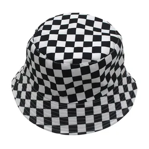 Detail of classic black and white checkerboard pattern on a durable cotton bucket hat