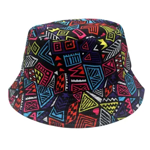 Close-up detail of graffiti tribal pattern on black canvas bucket sun hat