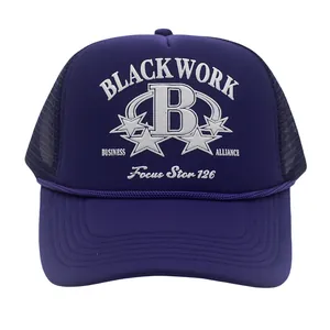 Detail of purple trucker hat with BLACKWORK logo print and breathable mesh back