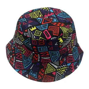 Detailed close-up of the bucket hat featuring vibrant colorful geometric patterns on canvas