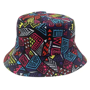 Detailed close-up of vibrant tribal geometric patterns on a black bucket hat canvas