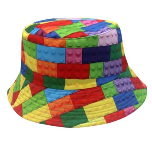Detailed view of colorful building blocks print and stitching on a bucket hat