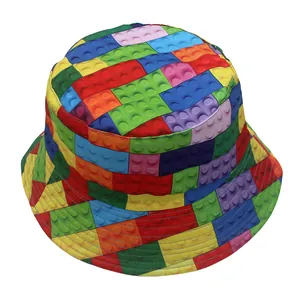 Close-up of colorful building blocks print pattern on high-quality canvas bucket hat