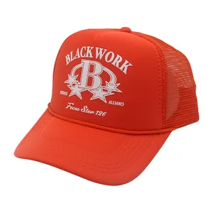Red breathable mesh trucker hat with vintage white Blackwork letter B print for outdoors