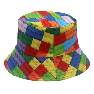 Outdoor bucket hat with colorful building block pattern print for sun protection