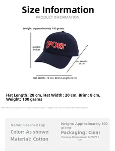 Detailed size chart for cotton baseball cap with sport embroidery and dimensions