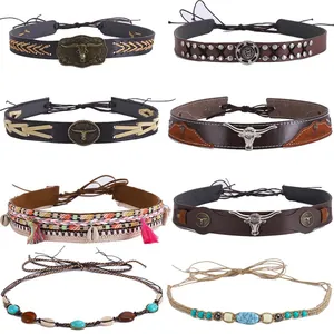 Bandeau de Chapeau Cowboy de l'Ouest Bohème Ceinture Décorative Ethnique Vintage en Cuir Avec Tête de Taureau Perles de Turquoise et Coquillage Accessoires de Chapeau DIY