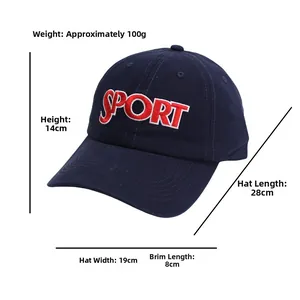 Detail showing dimensions of the navy blue baseball cap with red and white sport embroidery