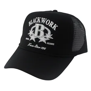 Black trucker hat with white B letter embroidery and breathable mesh for outdoor use