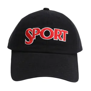 Minimalist black baseball cap with red and white SPORT embroidery for men and women