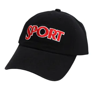 Detailed view of black cotton baseball cap with red 3D SPORT embroidery on the front
