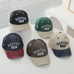 Detailed display of five color-blocked mesh baseball caps with Boston 1630 embroidery