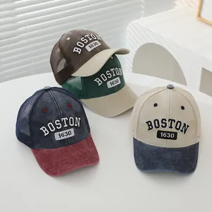 Kids Vintage Boston 1630 Embroidery Trucker Hat Mesh Breathable Baseball Cap Boys Girls Sun Protection Patchwork Snapback