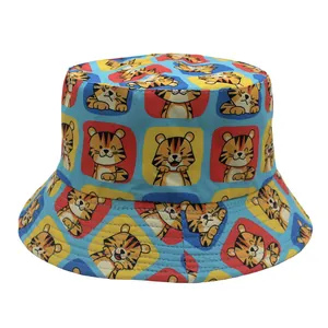 Close-up of cute cartoon tiger pattern on light blue bucket hat with vibrant colors