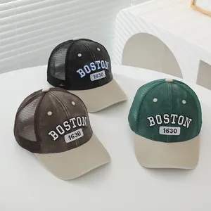Vintage Boston mesh trucker hats for kids in black, brown, and green with 1630 embroidery
