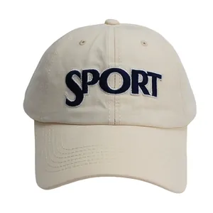 Unisex beige cotton baseball cap with blue SPORT letter embroidery and sun visor