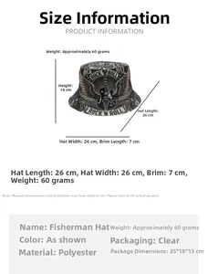 Detailed size chart for polyester rock music bucket hat with 7cm brim and 14cm height