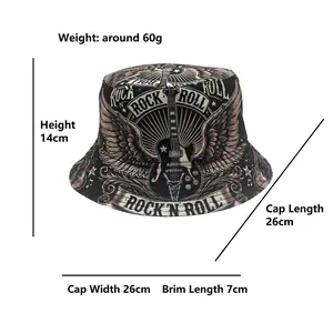 Vintage rock music print bucket hat with guitar pattern and size measurement details