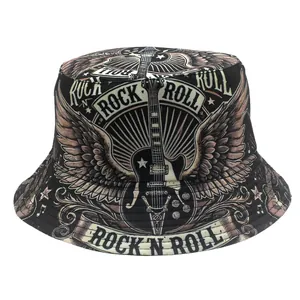 Vintage Rock N Roll Print Bucket Hat Polyester Sunshade Breathable Fashion Streetwear Outdoor Headwear For Men And Women
