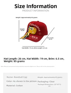 Specifiche delle dimensioni per cappello bimbo rosso in cotone con motivo dinosauro