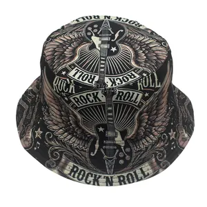 Retro rock style bucket hat featuring electric guitar prints and musical note patterns
