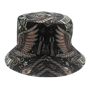 Vintage rock music print bucket hat with electric guitar and wing patterns for outdoor wear