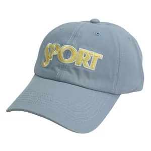 Detail of SPORT letter embroidery on light blue cotton baseball cap with white border