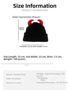 Size chart for black knit beanie with red devil horns showing height and width details