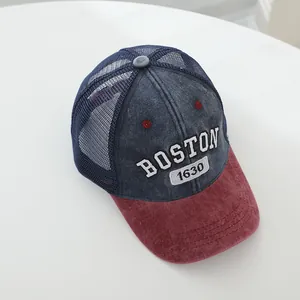 Detail of BOSTON 1630 3D embroidery on navy denim and mesh breathable baseball cap