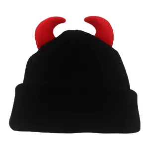 Funny Devil Horns Knitted Hat For Men Women Warm Acrylic Winter Beanie Hat Halloween Party Outdoor Windproof Cuffed Skull Cap