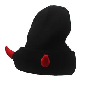 Bonnet en Tricot Amusant avec Cornes de Diable Halloween Corne de Bœuf Hiver Chaud Hip Hop Fête Bonnet de Mode pour Hommes Femmes