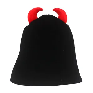 Black knitted beanie featuring 3D red devil horns for winter outdoor warmth and cosplay