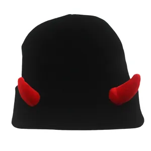 Bonnet noir en tricot avec cornes de diable rouges pour costume Halloween et chaleur d'hiver