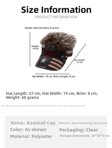 Sizing guide for American flag wig baseball cap showing dimensions and 68g weight details