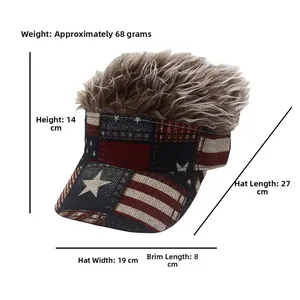 Detailed measurement showing 68g weight and dimensions of the USA flag visor with wig