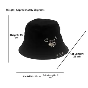 Détails du bob en coton noir avec anneaux métalliques et dimensions du produit