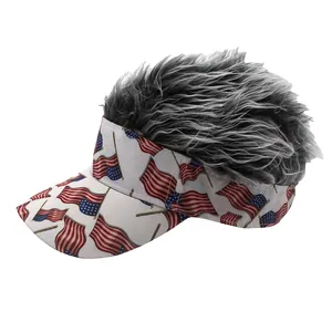 Visière drapeau américain avec perruque synthétique gris-noir pour protection solaire